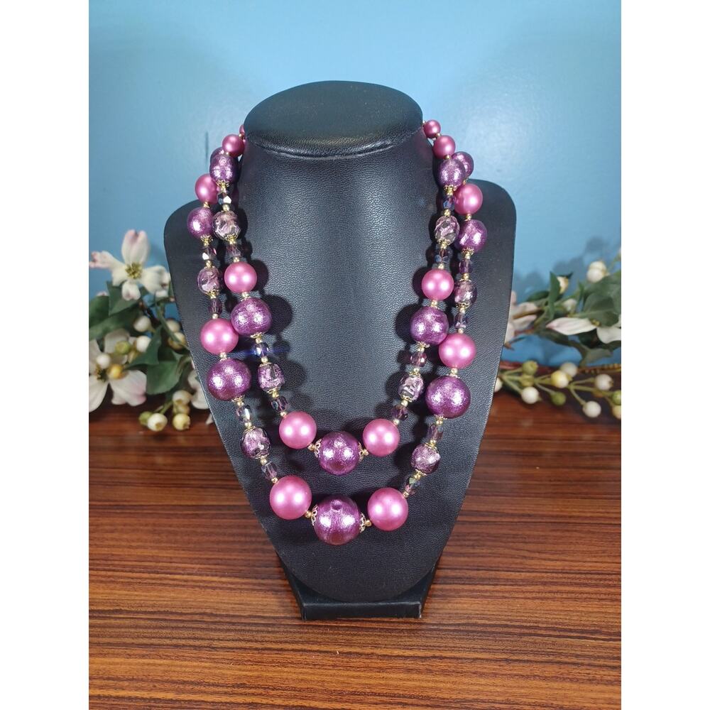 Purple & Pink Beaded Japan Double Strand Bling Fashion Necklace Costume Fun